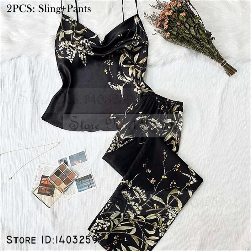 Neue weibliche 4PCS Pyjamas Set Frühling Sommer Satin Nachtwäsche Intimate Dessous Druck Kirsche Blume Nachthemd Lose Hause Kleidung XL von Joom DACH