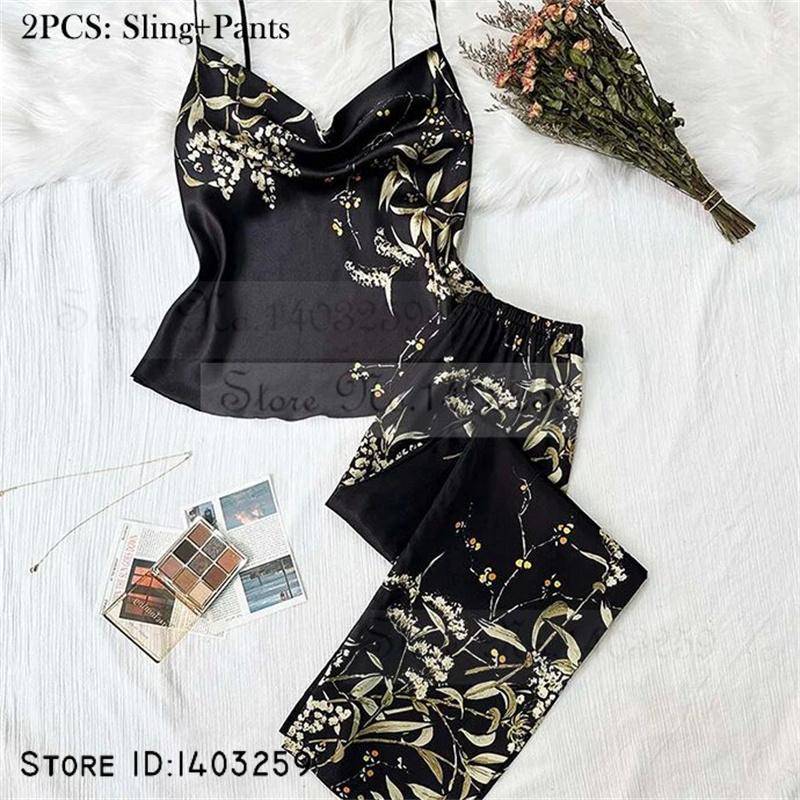 Neue weibliche 4PCS Pyjamas Set Frühling Sommer Satin Nachtwäsche Intimate Dessous Druck Kirsche Blume Nachthemd Lose Hause Kleidung XL von Joom DACH