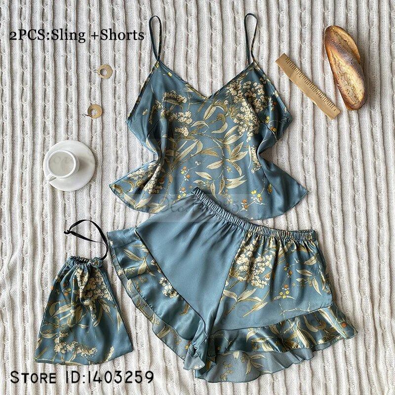 Neue weibliche 4PCS Pyjamas Set Frühling Sommer Satin Nachtwäsche Intimate Dessous Druck Kirsche Blume Nachthemd Lose Hause Kleidung XL von Joom DACH