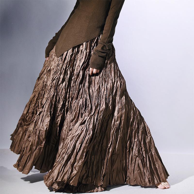 Neuer, heiß verkaufter Textur-Faltenrock für Damen, unregelmäßiger, langer, schwingender Tanzrock mit hoher Taille, Beinbedeckung und dünner, langer Faltenrock average size kaffeebraun von Joom DACH