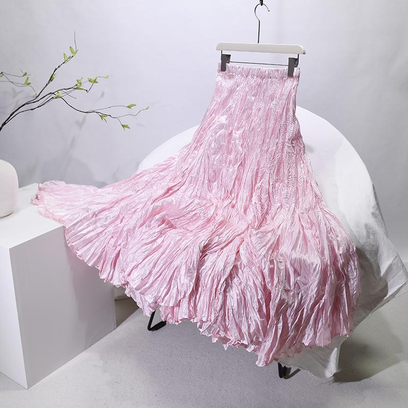 Neuer, heiß verkaufter Textur-Faltenrock für Damen, unregelmäßiger, langer, schwingender Tanzrock mit hoher Taille, Beinbedeckung und dünner, langer Faltenrock average size rosa von Joom DACH