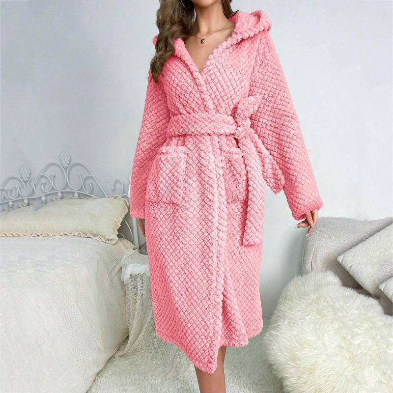 Neuer Damen-Bademantel aus Plüsch-Coral-Fleece, superwarm, weich und bequem, Bademantel mit Kapuze, Nachthemd für Damen One Size von Joom DACH