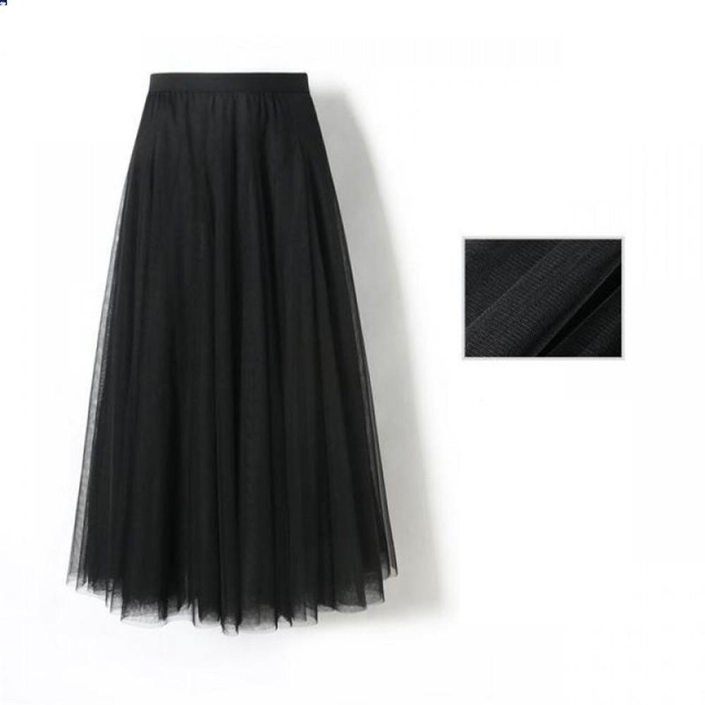 Neuer Damen Mesh Elastischer Tutu Rock Strand Frühling Sommer Koreanisch Hohe Taille Mode Plissierter Langer Rock Schwarz Weiß Tüllröcke 85cm schwarz von Joom DACH
