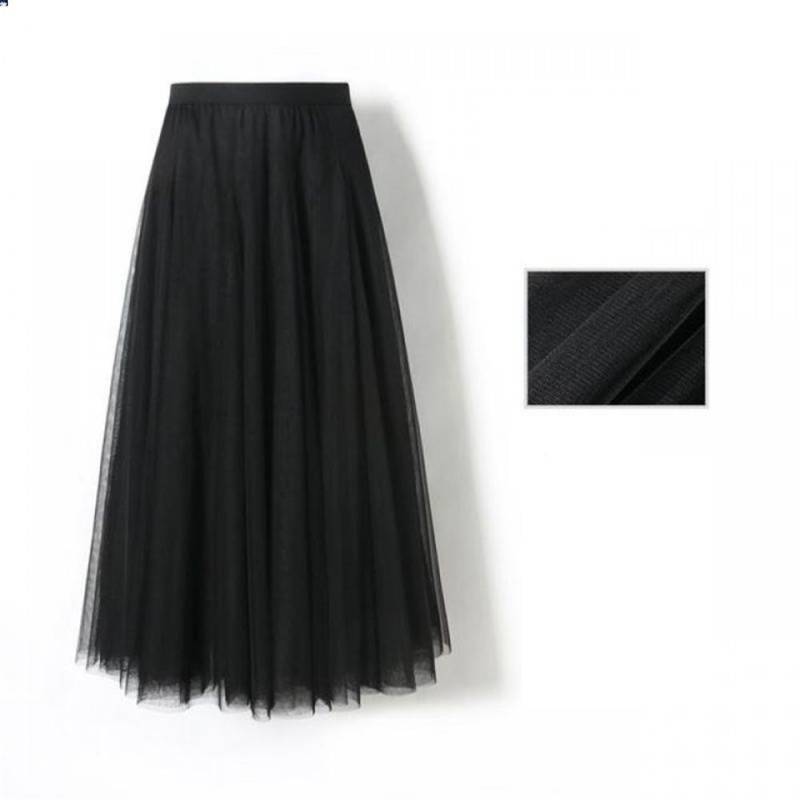 Neuer Damen Mesh Elastischer Tutu Rock Strand Frühling Sommer Koreanisch Hohe Taille Mode Plissierter Langer Rock Schwarz Weiß Tüllröcke 85cm schwarz von Joom DACH