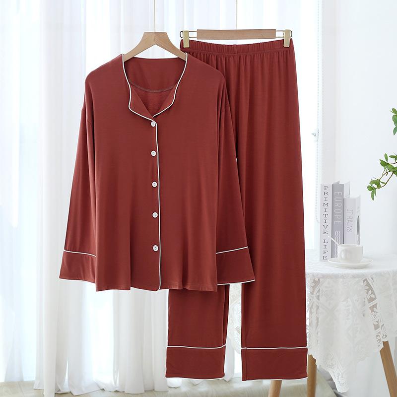 Neuer Damen-Pyjama-Set für Frühling und Herbst Modal Einfarbig Schlicht Dünner Cardigan Langarmhose Zweiteiliger Hausanzug Nachtwäsche XL von Joom DACH