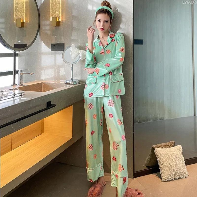 Neuer Damen-Pyjama mit Buchstabenprint, Revers-Cardigan, langärmelig, zweiteilig, locker, aus digitalem Goldvelours für zu Hause M grün von Joom DACH