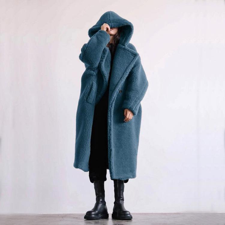 Neuer Damen Winter Kunstpelzmantel Langer Revers Kapuze Plüsch Teddy Jacke Damen Flauschig Dick Warm Übergröße Übermantel Oberbekleidung 4XL blau von Joom DACH
