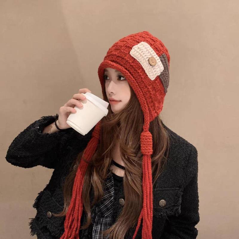 Neuer Damen Woll Quasten Strickhut Mode Patchwork Winter Warm Häkel Ohrenklappen Mützen Koreanisches Mädchen Kältefest Pullover Beanies Mütze rot von Joom DACH