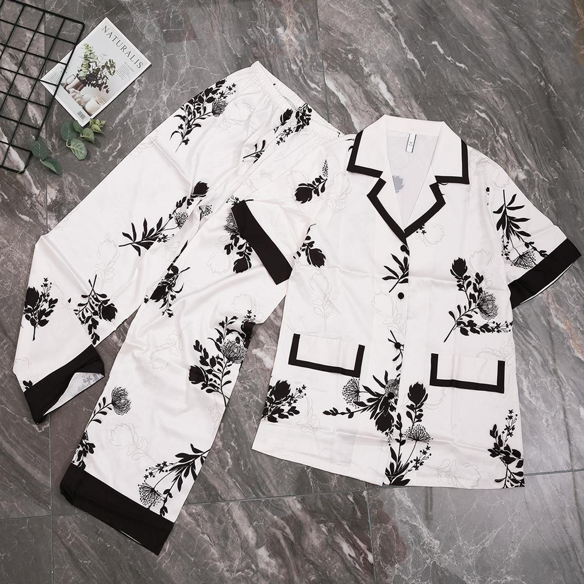 Neuer Eisseiden-Kurzarm-Cardigan-Anzug Pyjama für Damen Frühling und Sommer Oberbekleidung Revers Bedruckte Hauskleidung XXL weiß von Joom DACH