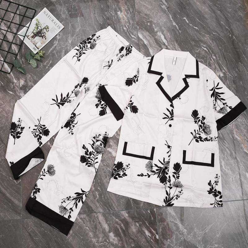 Neuer Eisseiden-Kurzarm-Cardigan-Anzug Pyjama für Damen Frühling und Sommer Oberbekleidung Revers Bedruckte Hauskleidung XXL weiß von Joom DACH