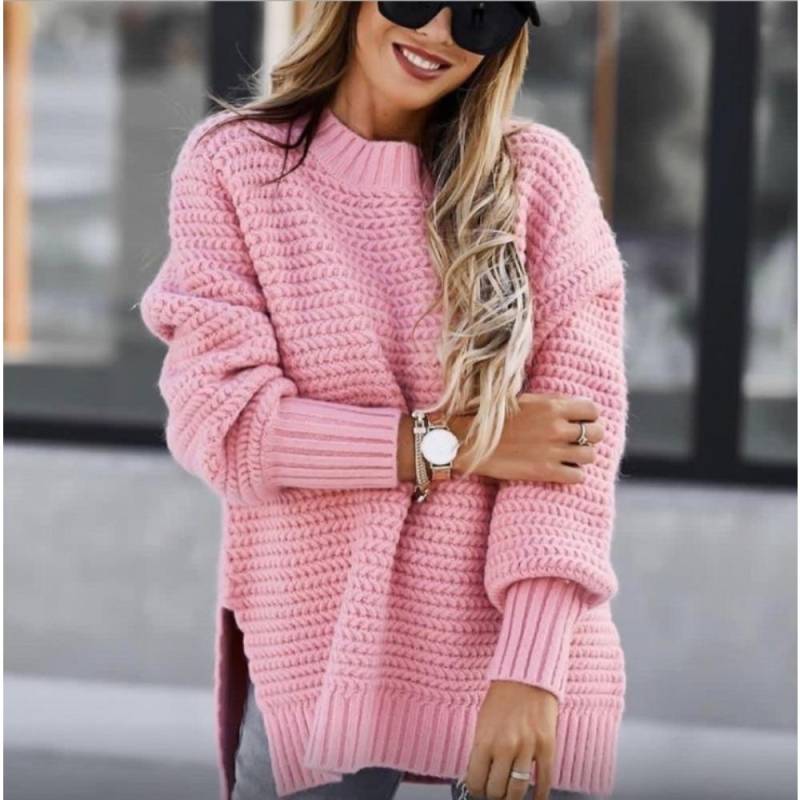 Neuer Halbhoher Kragen Locker Einfarbig Langärmliger Dicknadel Strickpullover mit Seitenschlitz für Damen im Herbst und Winter XXL rosa von Joom DACH