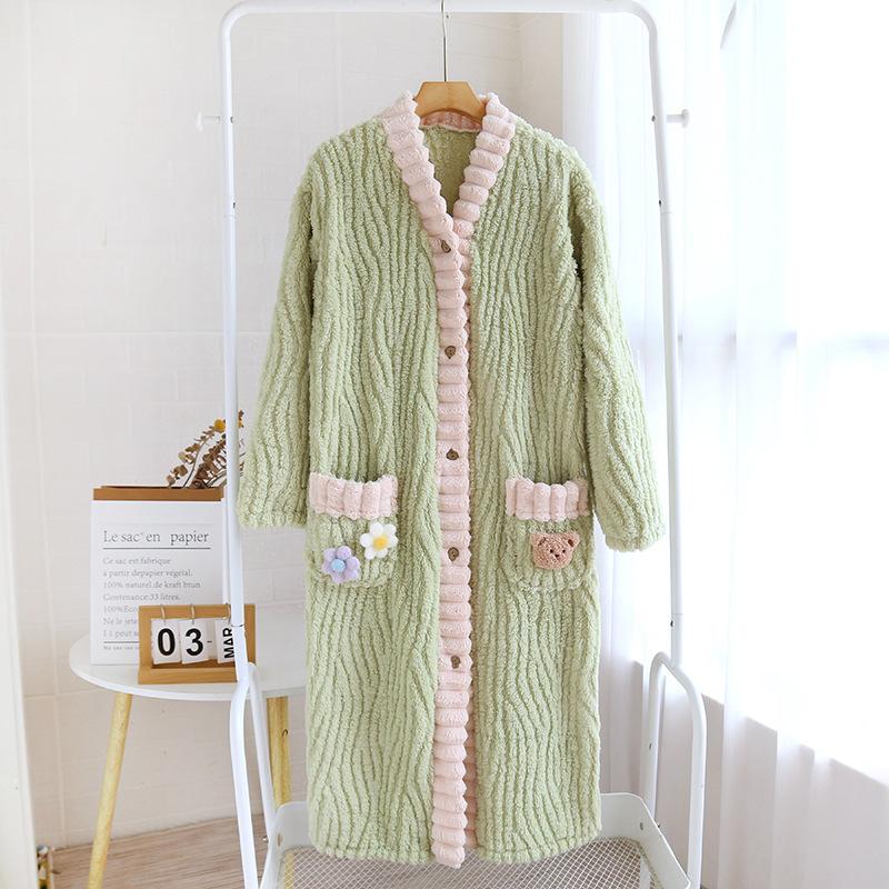 Neuer Herbst/Winter Damen Schlafrock Flanell Plüsch Verdickt Warm Langes Kleid Korallenplüsch Hausfell Schlafrock Damen XL von Joom DACH