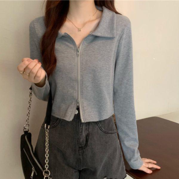 Neuer Herbst Polo-Kragen Doppelreißverschluss Strickjacke Langarm T-Shirt für Damen Design Kurzes Gurken-Top 2XL grau von Joom DACH