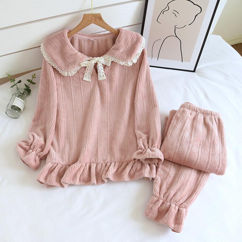Neuer Herbst- und Winter Damen Flanell Pyjama Zweiteiliger Flanell Dick Übergröße Langärmelige Hose Niedliches Plüsch Hausanzug Set XL rosa von Joom DACH