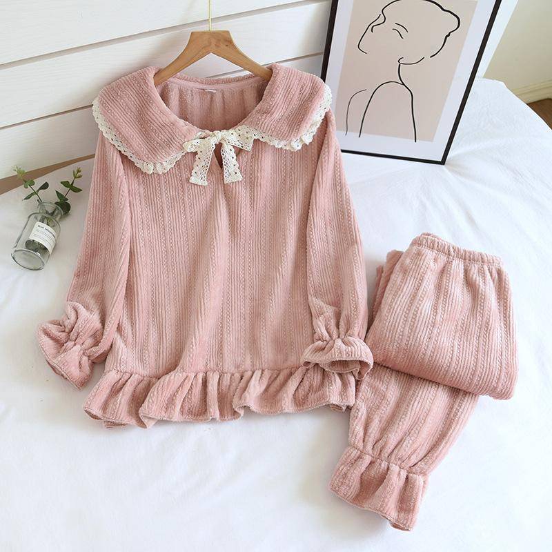Neuer Herbst- und Winter Damen Flanell Pyjama Zweiteiliger Flanell Dick Übergröße Langärmelige Hose Niedliches Plüsch Hausanzug Set XL rosa von Joom DACH
