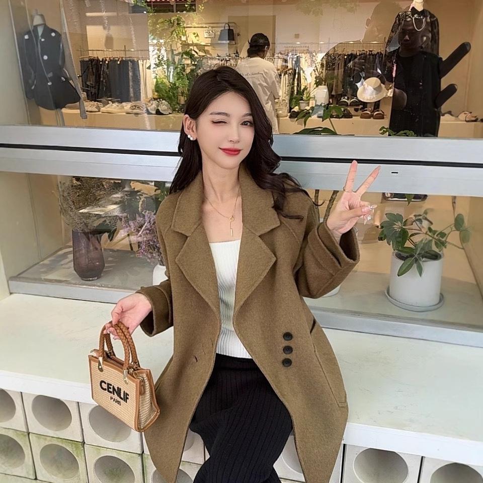 Neuer Herbst- und Winter-Wendemantel aus Wolle im koreanischen Stil, locker, lässig, Wollmantel mit kleinem Karomuster S von Joom DACH