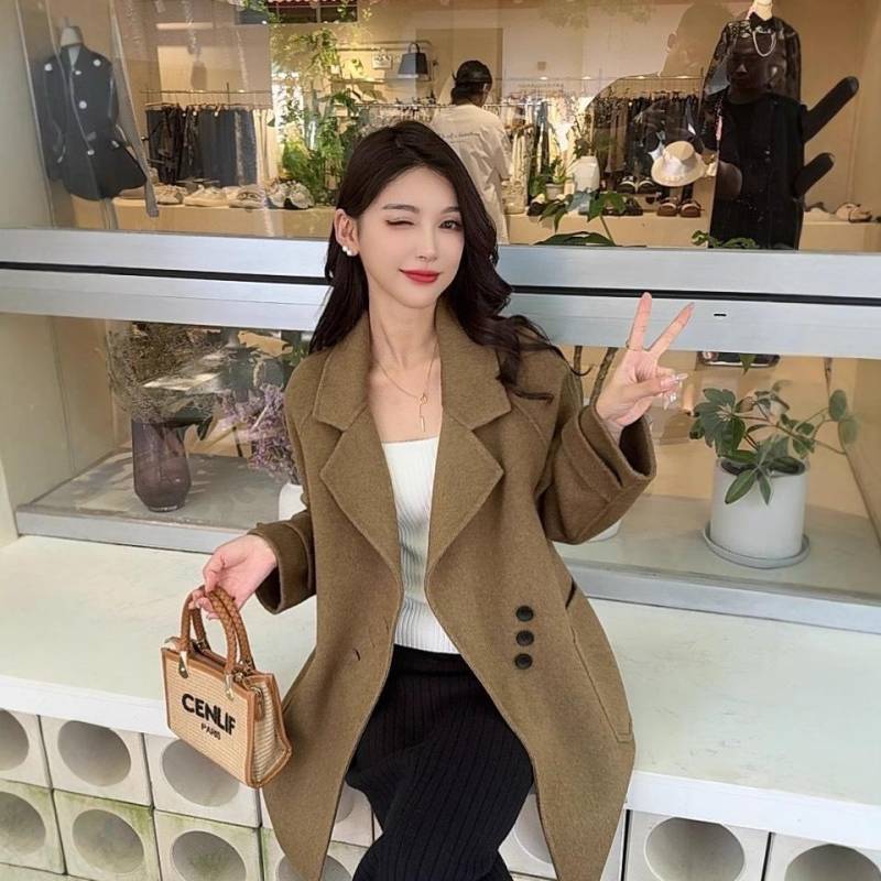 Neuer Herbst- und Winter-Wendemantel aus Wolle im koreanischen Stil, locker, lässig, Wollmantel mit kleinem Karomuster S von Joom DACH