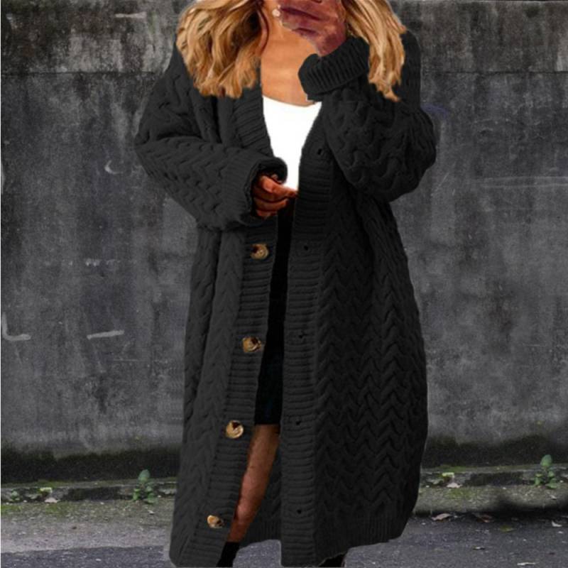 Neuer Herbst- und Winterstil Langer Zopfstrickpullover Damen Einfarbig Knopfleiste Große Strickjacke Mantel L von Joom DACH