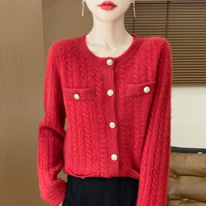 Neuer Herbst- und Winterstil Rundhals Strickjacke aus reiner Wolle für Damen, modisch, vielseitig und bequem, Kaschmir-Pulloverjacke XL von Joom DACH