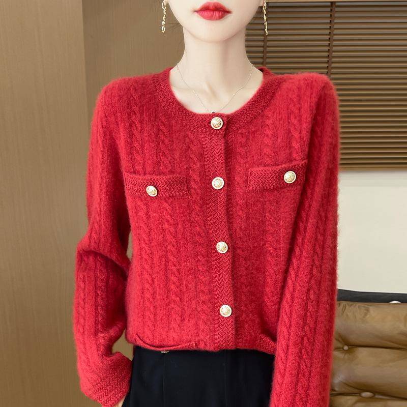 Neuer Herbst- und Winterstil Rundhals Strickjacke aus reiner Wolle für Damen, modisch, vielseitig und bequem, Kaschmir-Pulloverjacke XL von Joom DACH