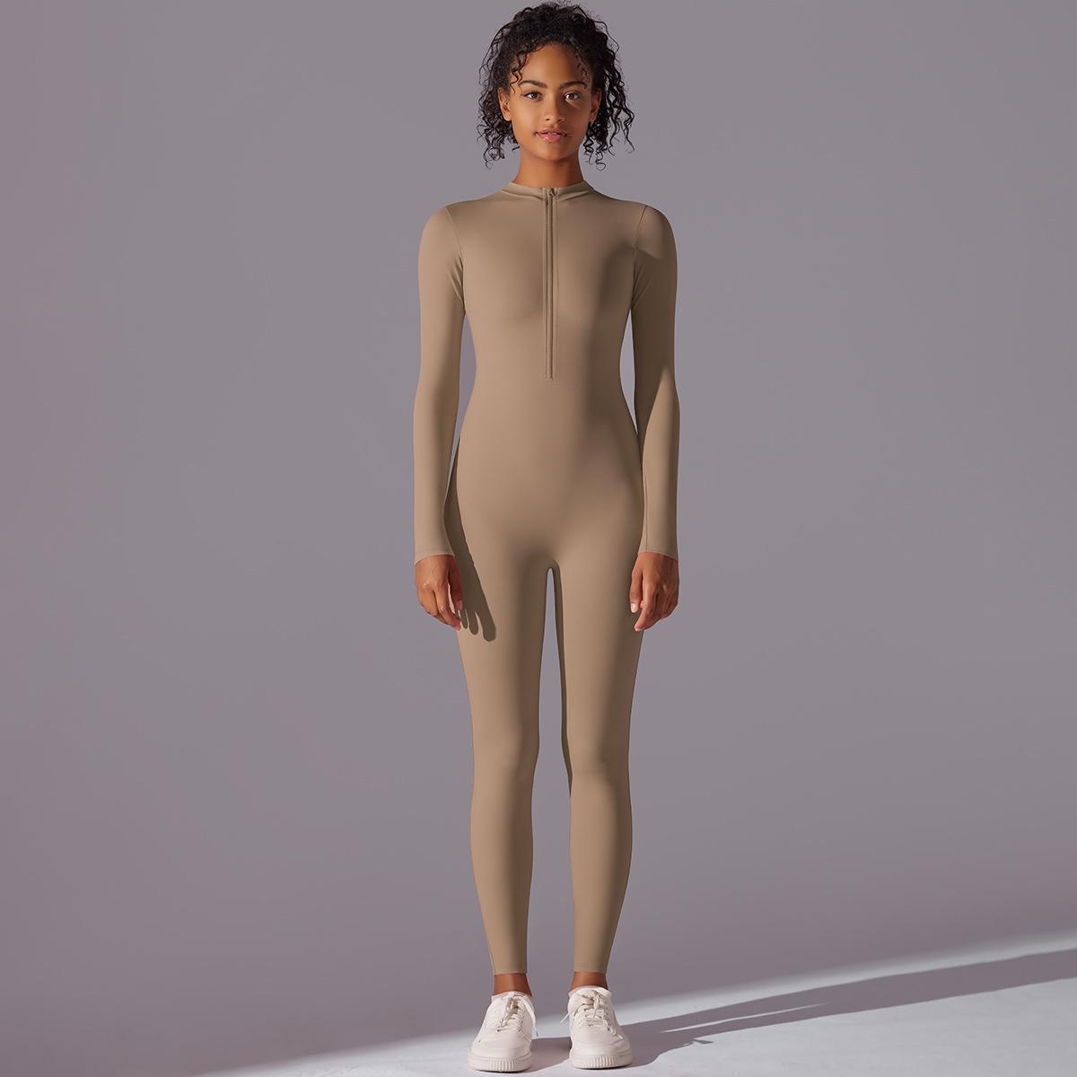 Neuer Jumpsuit in gebürstetem Nude, Weiche und hautfreundliche Shapewear, Lange Hose, Yogakleidung, Fitnesskleidung mit halbem Reißverschluss für Frauen L von Joom DACH