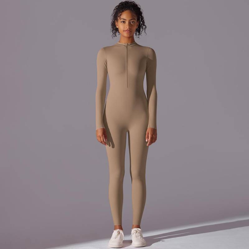 Neuer Jumpsuit in gebürstetem Nude, Weiche und hautfreundliche Shapewear, Lange Hose, Yogakleidung, Fitnesskleidung mit halbem Reißverschluss für Frauen L von Joom DACH
