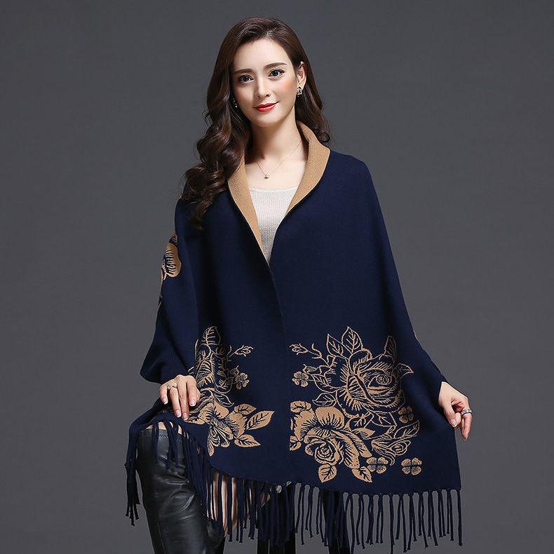 Neuer Kaschmir-Quasten-Poncho-Schal mit doppeltem Verwendungszweck, Schal für Damen, Strickpullover, Retro-Cheongsam-Umhang, Umhang, Außenkleidung One Size navy blau von Joom DACH