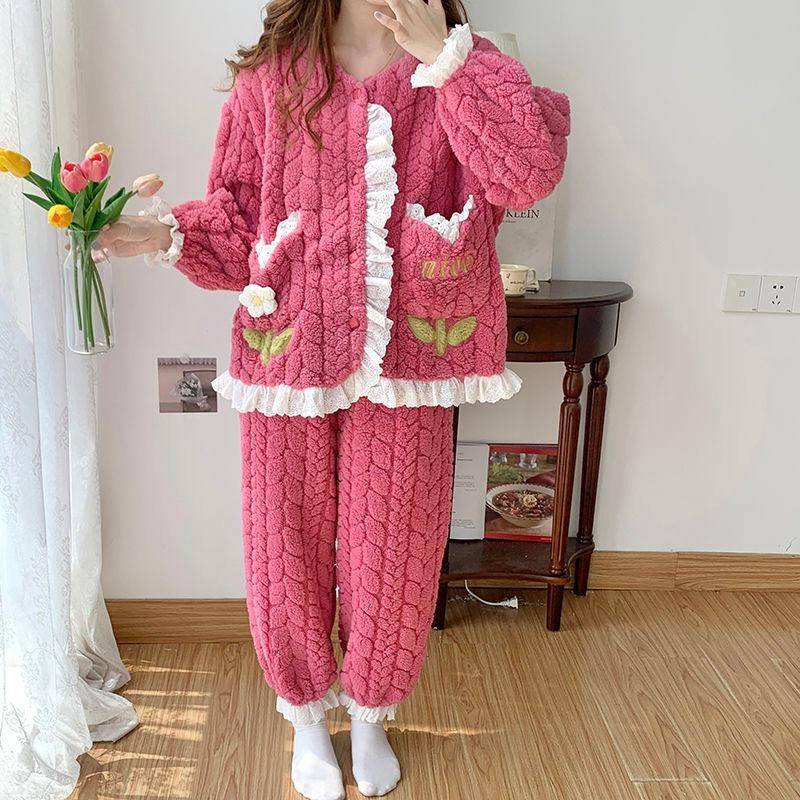 Neuer Korallenfleece-Pyjama Herbst und Winter Damen Flanell Hauskleidung Große Größe Klein Rosenrot Verdickter Anzug Hauskleidung L von Joom DACH