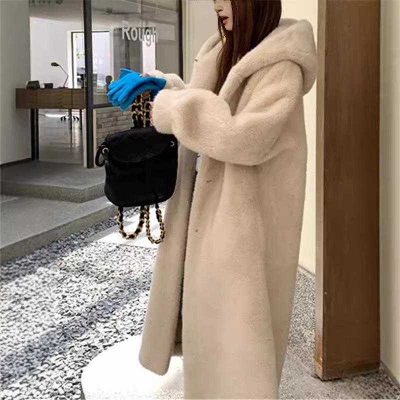 Neuer Pelzmantel aus Nerzimitat mit Samt und einteiliger Damen-Wintermantel mit umweltfreundlicher Kapuze L von Joom DACH