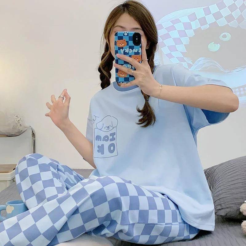 Neuer Pyjama Weiche Baumwoll-Pyjamas für Damen Sommer Kurzärmelig Karierte Hose Pijamas Koreanischer Hasen-Druck Nachtwäsche M von Joom DACH