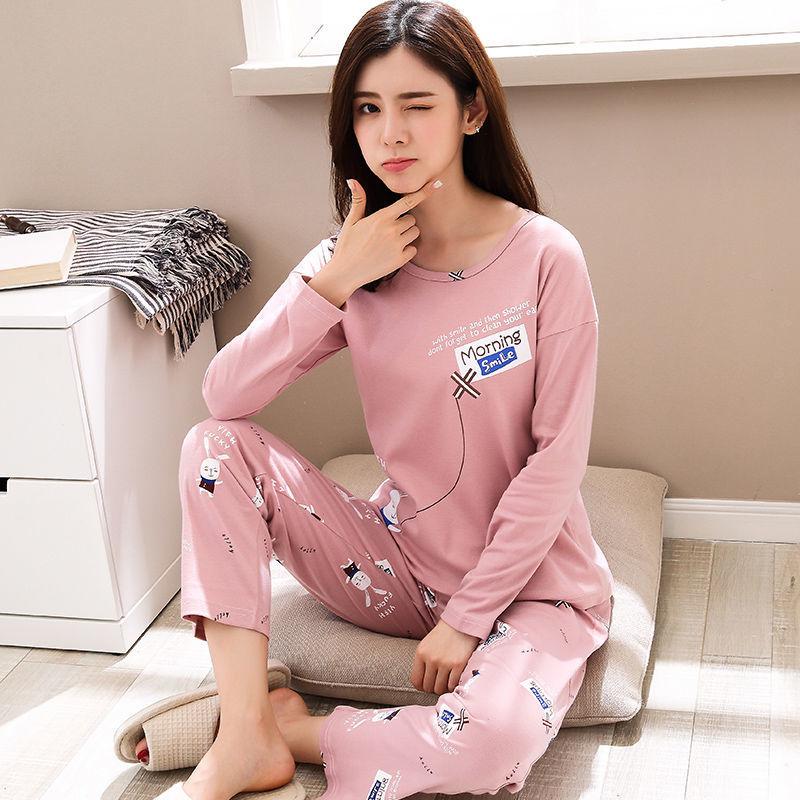 Neuer Pyjama aus reiner Baumwolle für Damen im Frühling und Herbst, langärmeliger Pyjama für Mädchen, 2-teiliges Set, süßes Studenten-Cartoon-Set für zu Hause XL von Joom DACH
