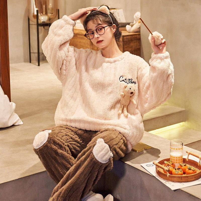 Neuer Pyjama für Damen, Herbst- und Winter-Hauskleidung, Verdickter warmer Pyjama, Korallenvlies-Flanell-Hauskleidungsset, Rundhals-Pyjama L von Joom DACH