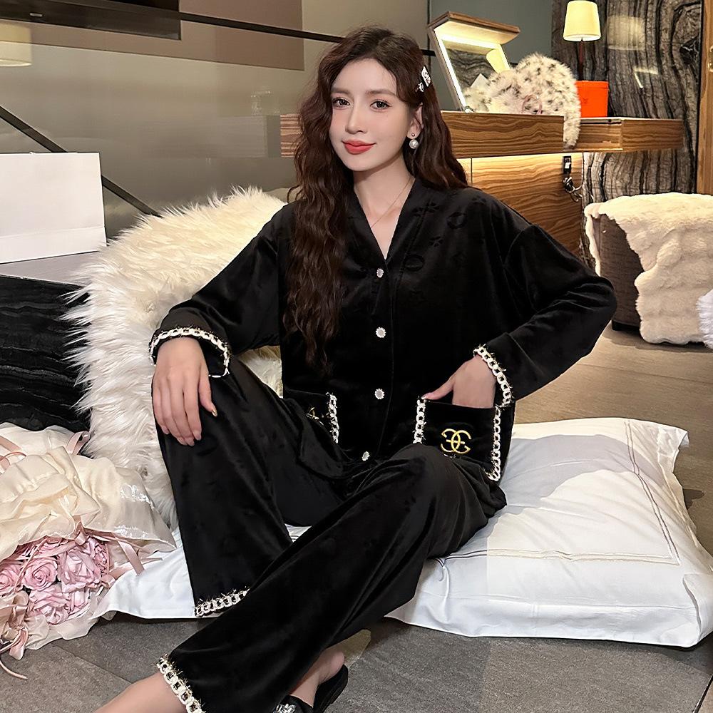 Neuer Pyjama für Damen, Island-Samt verdickte schwarze Jacke, koreanischer Stil Hausanzug Set Pyjama 2XL schwarz von Joom DACH