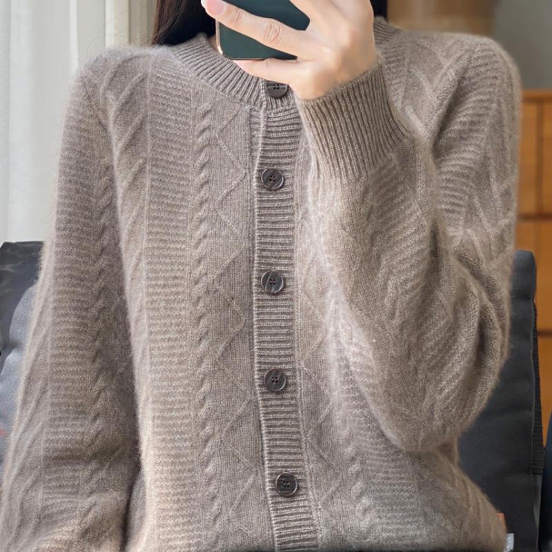 Neuer Rundhals Verdickter Strick-Cardigan aus reiner Wolle für Damen Warm Hautfreundlich Kaschmir Zopfjacke XL von Joom DACH