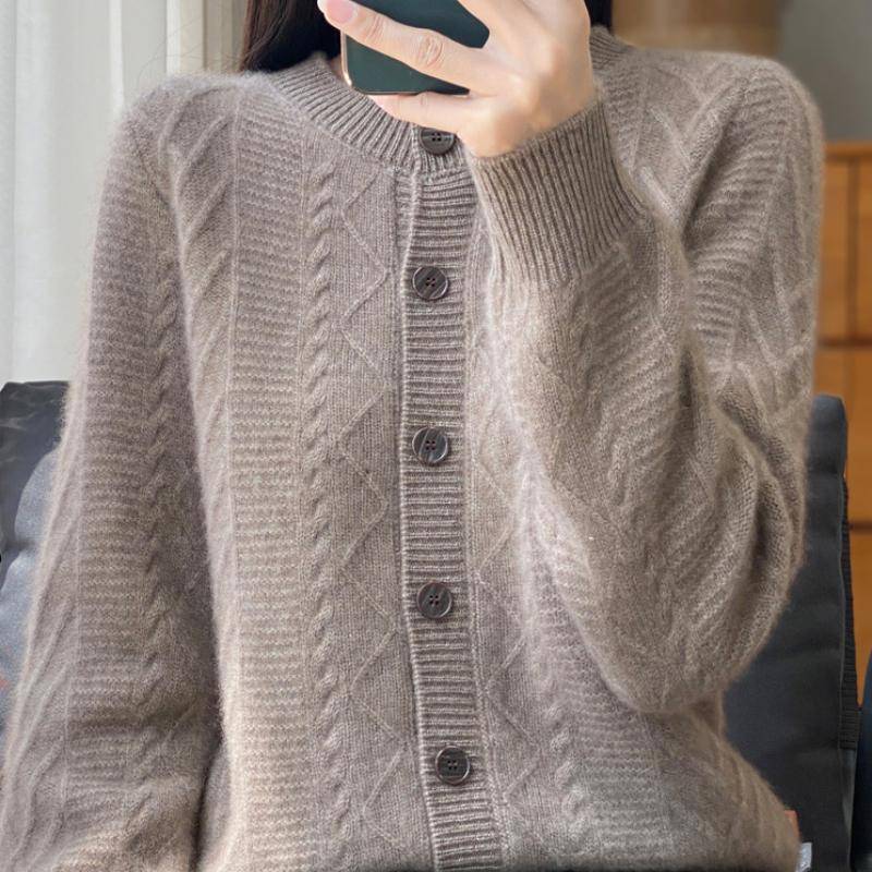 Neuer Rundhals Verdickter Strick-Cardigan aus reiner Wolle für Damen Warm Hautfreundlich Kaschmir Zopfjacke XL von Joom DACH