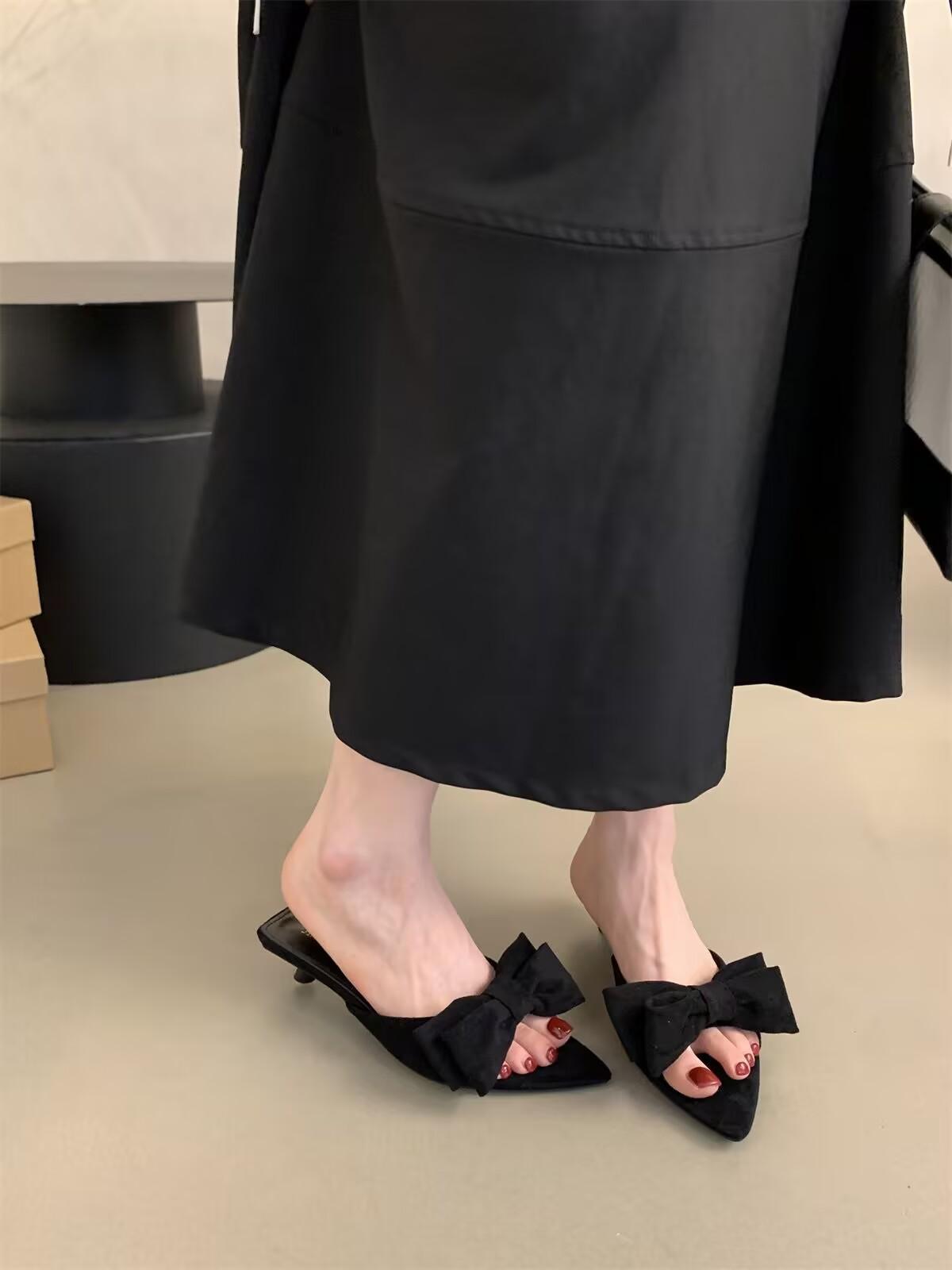 Neuer Schleifenschuh Mode Spitzschuh Slip On Damen Elegante Sandale Dünner Niedriger Absatz Peeptoe Pantoletten Schuh Pumps Kleid 42 schwarz von Joom DACH