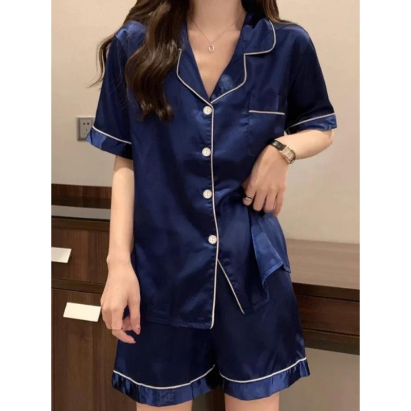 Neuer Sommer Blauer Damen Pyjama Set Faux Stain Nachtwäsche V-Ausschnitt Pyjama Knopf Oberteil Shorts Slim 2-teilig Damen Nachthemd Loungewear L von Joom DACH