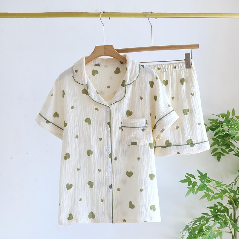 Neuer Sommer Damen Pyjama Set 100% Baumwollkrepp Kurzarm Shorts Zweiteiliges Set Liebe Niedlich Süßes Zuhause Dünner Stil Damen XL beige von Joom DACH