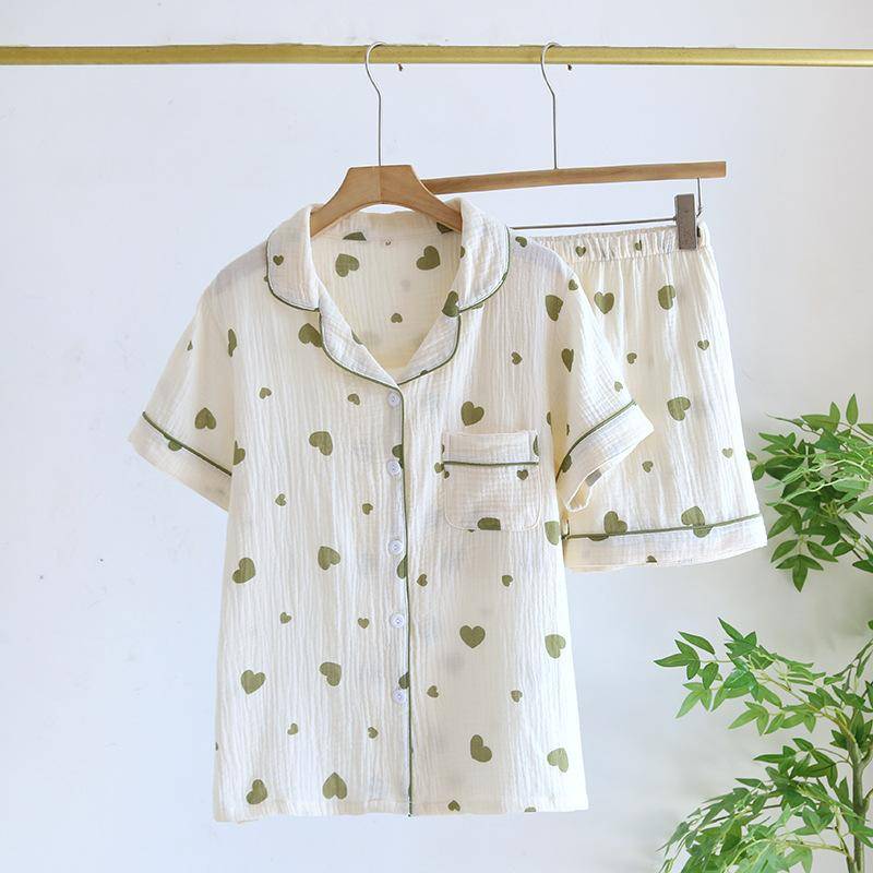 Neuer Sommer Damen Pyjama Set 100% Baumwollkrepp Kurzarm Shorts Zweiteiliges Set Liebe Niedlich Süßes Zuhause Dünner Stil Damen XL beige von Joom DACH