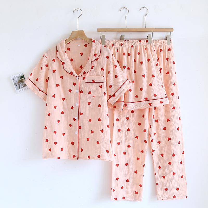 Neuer Sommer-Pyjama-Set 100% Baumwoll-Krepp Liebe Kurzarm + Shorts + Hose Dreiteiliges Set Schnalle Niedlicher Damen-Pyjama XL von Joom DACH