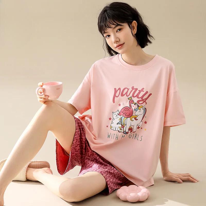 Neuer Sommerpyjama für Damen, kurzärmelige Shorts, Cartoon-Hauskleidung, reine Baumwolle, süß und niedlich XL von Joom DACH