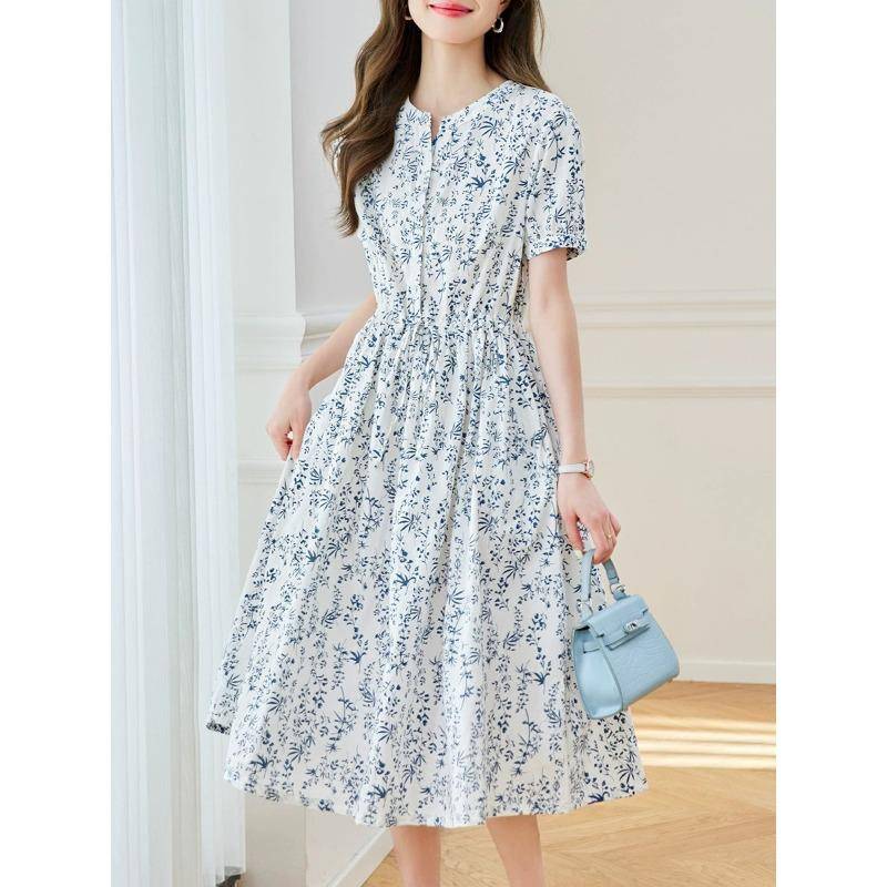 Neuer Sommerrock im chinesischen Stil mit blauem und weißem Porzellan-Print und hoher Taille. Neues chinesisches Kleid für Damen im mittellangen Stil. M von Joom DACH