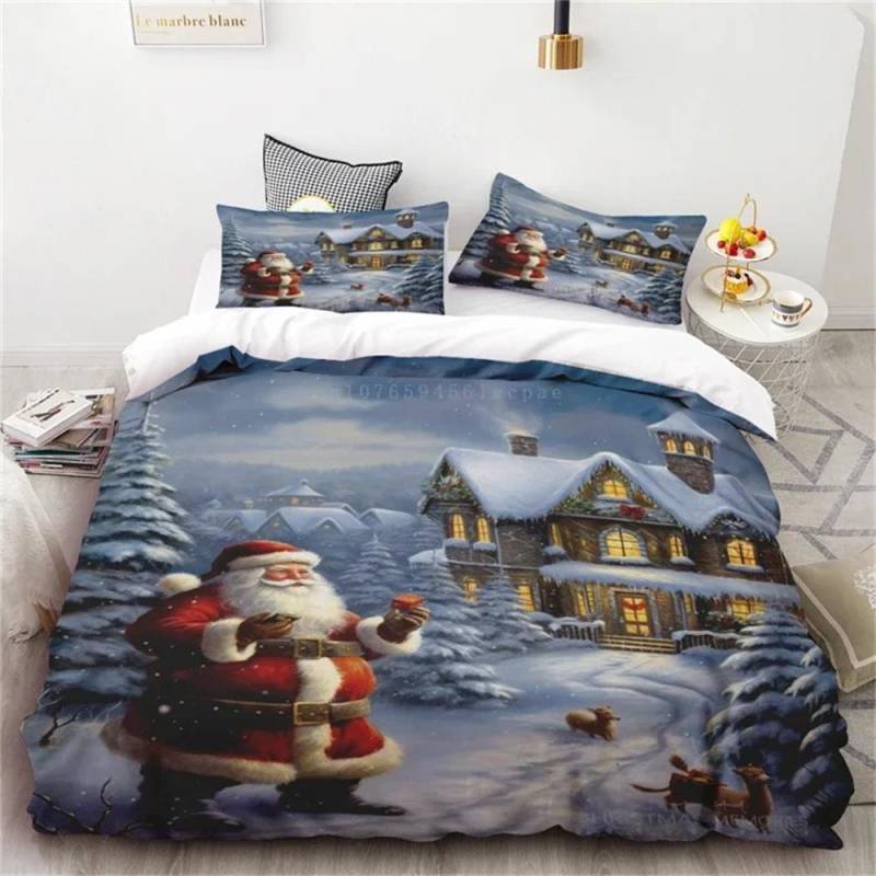 Neuer Stil Bettbezug Weihnachten Santa Elch HD Druck Ein Bettbezug Zwei Kissenbezüge Bezug Set Bettwäsche Für Heimdekorationen 70x133cm von Joom DACH