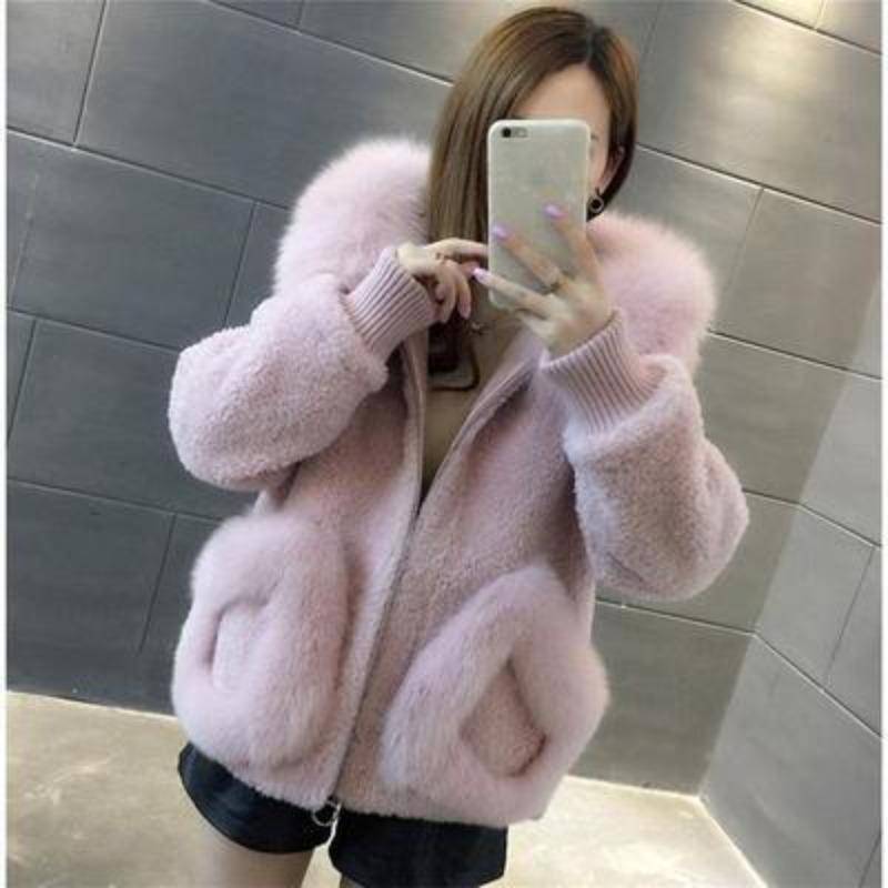 Neuer Stil Imitation Fuchspelzkragen Imitation Shearling Pelzmantel für Damen Herbst und Winter Koreanischer Kurzmantel mit Kapuze L rosa von Joom DACH
