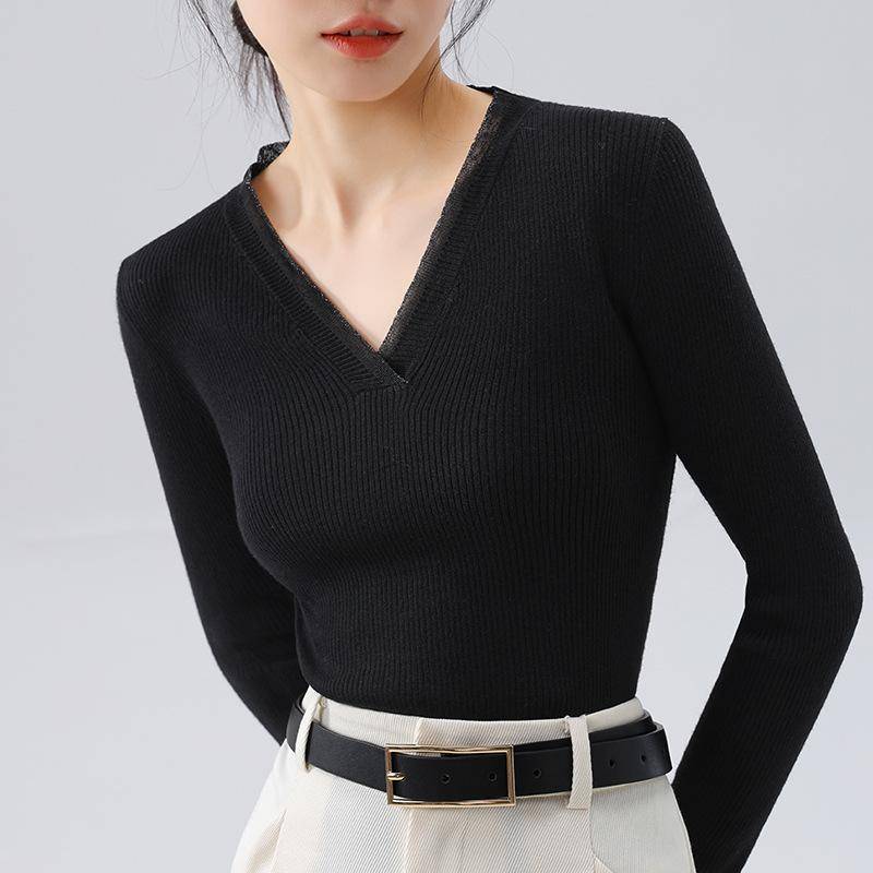 Neuer Stil Strick-Basisshirt für Damen Europäisches Damen-Temperament V-Ausschnitt Pullover Taillenbetonender Unterziehpullover 3XL von Joom DACH