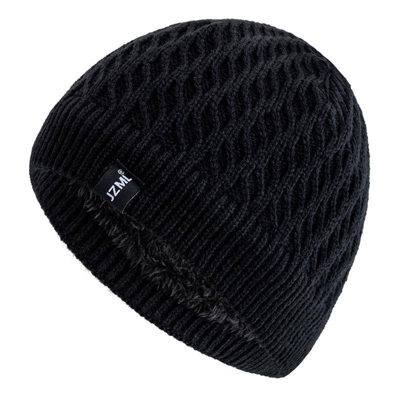 Neuer Stil Unisex Wintermützen Plüschfutter Herren Damen Warme Beanie Mütze Lässig JZML Label Deko Outdoor Winter SKI Strickmützen 55cm-58cm schwarz von Joom DACH