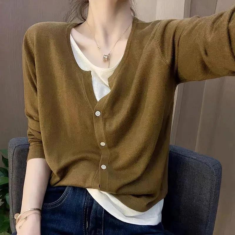 Neuer Strickpullover Frühling und Herbst Damen Strickjacke Jacke Dünn Locker Weich Klebrig Fake Zweiteiler für Damen M von Joom DACH