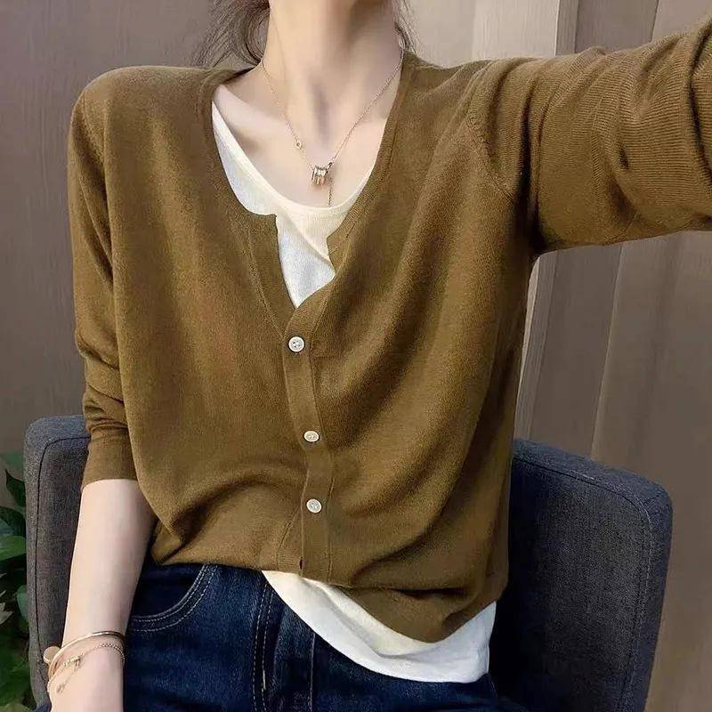 Neuer Strickpullover Frühling und Herbst Damen Strickjacke Jacke Dünn Locker Weich Klebrig Fake Zweiteiler für Damen M von Joom DACH