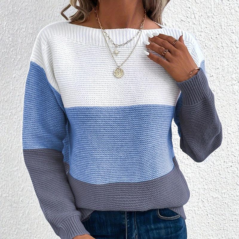 Neuer Strickpullover für Damen im Herbst und Winter mit kontrastfarbenen Nähten, Rundhalsausschnitt und langen Ärmeln S blau Neuer Strickpullover für Damen im Herbst und Winter mit kontrastfarbenen Nähten, Rundhalsausschnitt und langen Ärmeln S blau von Joom DACH