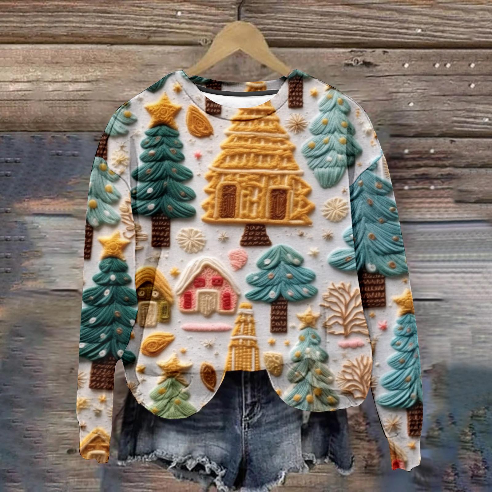 Neuer Weihnachts-Pullover Damen T-Shirt Langarm Oberteile Weihnachtsbaum Grafik Kleidung Y2k Niedliche Mädchen Bekleidung Damen Sweatshirt L von Joom DACH